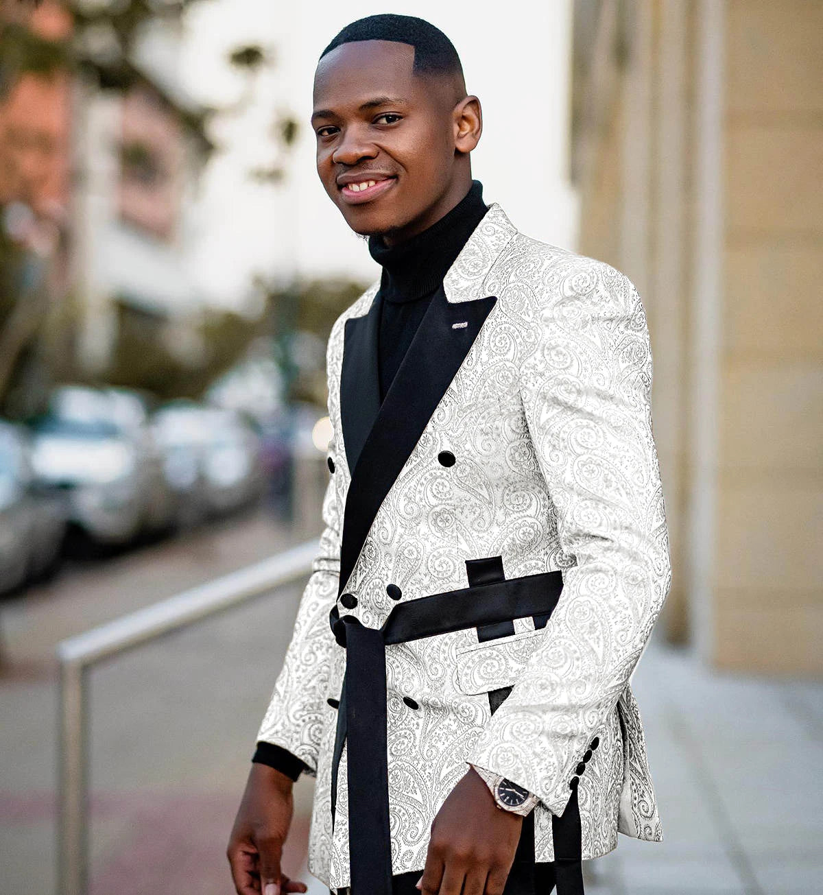 Gold Jacquard Men's Blazer and Pants Set, Double-Breasted Peaked Lapel Suit with Belt, Custom Plus Size