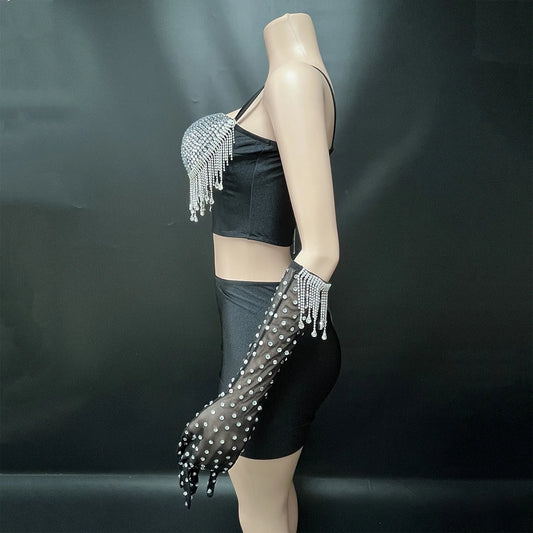 Women Special Occassion Dance Outfits Dress Diamonds Tassel BusiterTop and Bodycon Shorts with Gloves 3 Pieces Sets Costumes