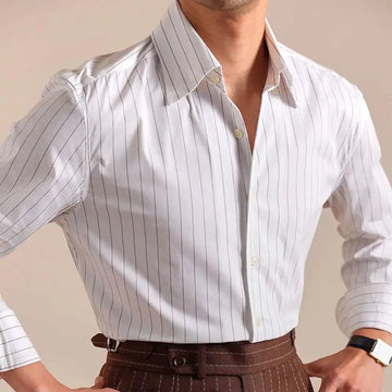 Cotton Blend Striped Casual Italian Style One Piece Collar Long Sleeved Shirt Men High Count Cotton Gentleman Business Shirt Men