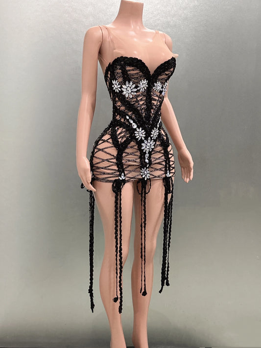 Exquisite Sequins Embroider Sparking Diamonds Long Tassel Sleeveless Mini Dress Red Carpet Goddess Dress Performance Costume