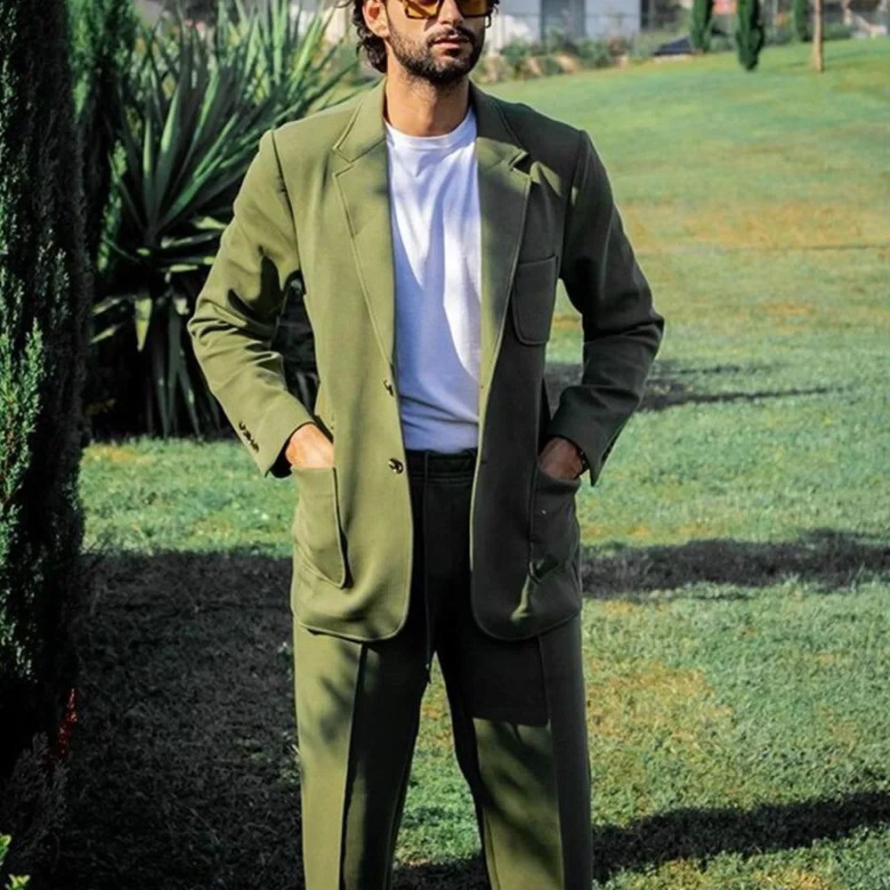 Custom Made Formal 2 Pieces Men Suits Green Casual Wedding Tuexdos Prom Blazer+Pant Suit Sets