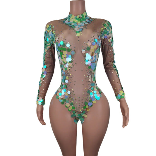 Mono de lentejuelas para mujer, ropa de espectáculo de danza jazz, monos sexys de fiesta para mujer, monos ajustados de malla con diamantes de imitación para mujer 