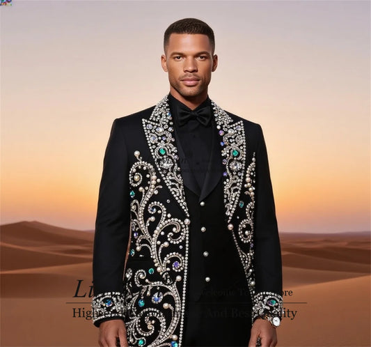 High End Diamond Rhinestone Men Suits 3 Piece Sets Party Blazer Customized Slim Fit Costume Homme Luxury Formal Groom Tuxedos