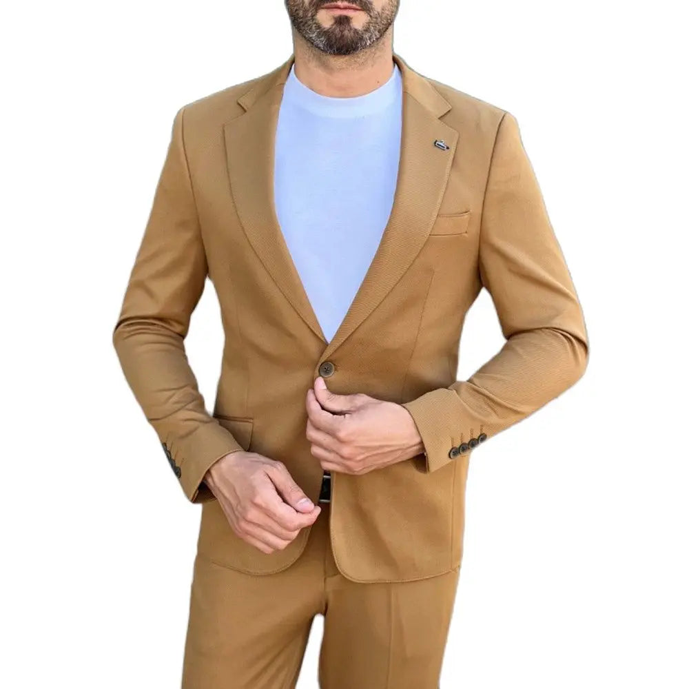 Traje de hombre, blazer, traje de Terno, traje de fiesta regular, caqui, botonadura sencilla, solapa con muesca, chaqueta de dos piezas, pantalones, corte entallado 