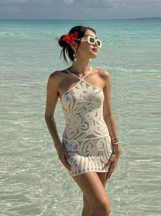 Fashion Embroidery Halter Short Dress Sleeveless Lace Up Backless Hip Package Vestidos Summer Elegant Female Beach Dresses
