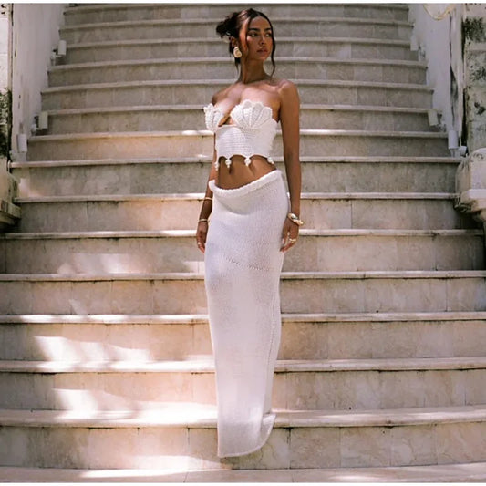 Sexy Crochet Hollow Out Pearl Skirt Set Women Solid Crop Bikini Tops Slim Hip Package Skirts Summer Lady Beach Outfits New