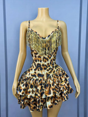 Sparkly Rhinestones Sexy Leopard Halter Mini Dress Women Evening Birthday Party  Performance Dance Costume Nightclub Stage Wear