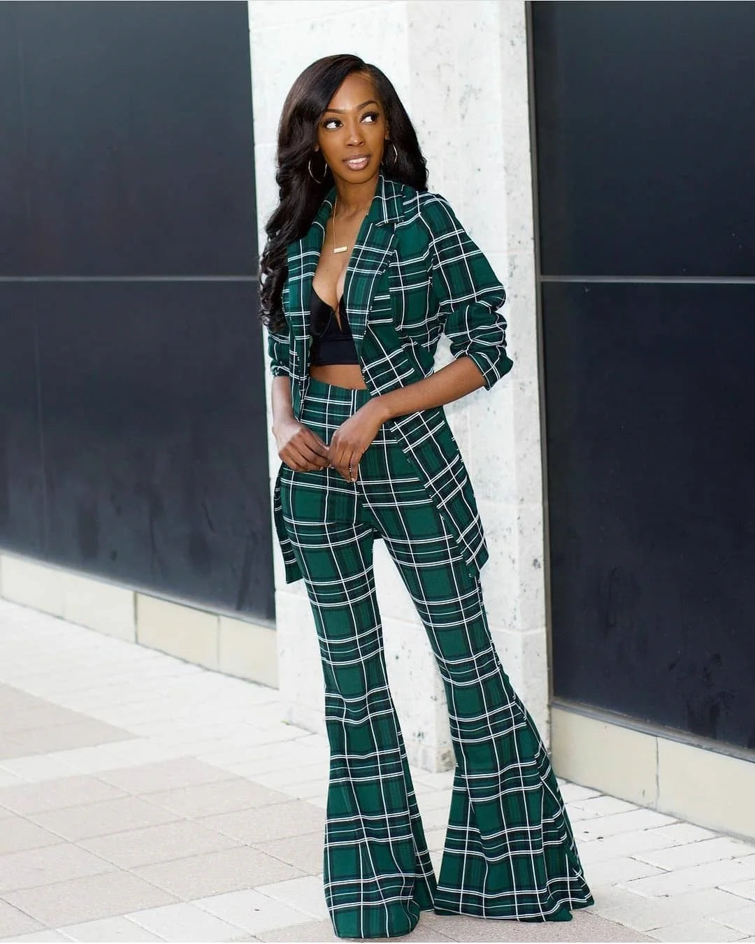 Sexy Women Plaid Blazer Pantsuit Notched Lapel Loose Jacket Flare Pants Long Sleeve + Trousers 2 Piece Set