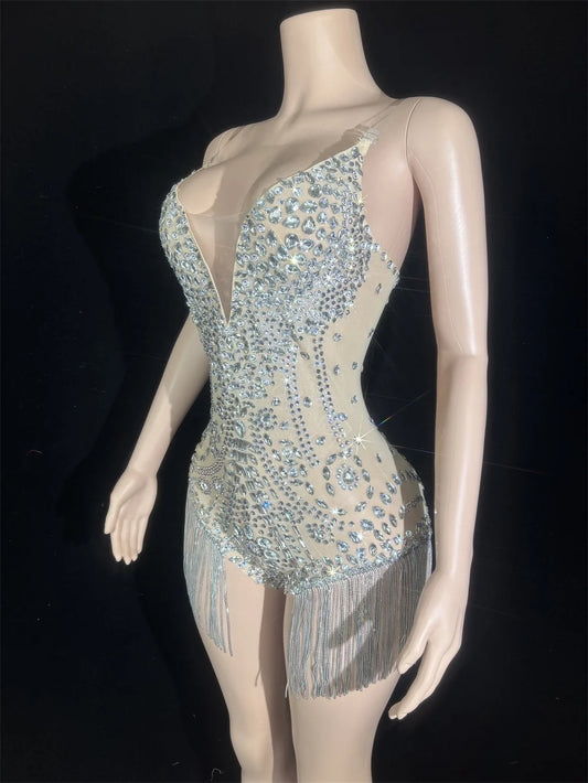 Sparkly Rhinestones Chain Tight Bodysuit for Women Sexy Backless Halter Mesh Performance Leotard Night Club Luxury Clothers
