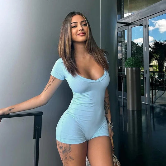 Streetwear Women One-pieces V Neck Outfits Casual Jumpsuits Summer Short Sleeve Bodycon Blue Fitness Yoga Romper Playsuits