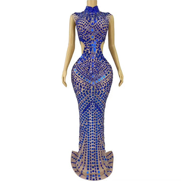 Sexy Stage High Grade Blue Sparkly Rhinestones Mirrors Hollow Waist Mesh Dress Evening Prom Elegant Costume Red Carpet Gowns