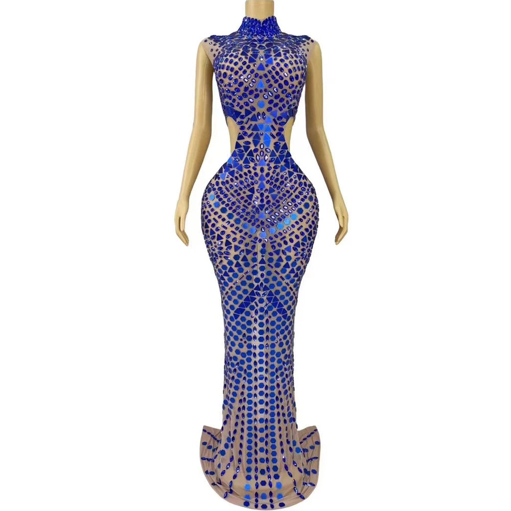 Sexy Stage High Grade Blue Sparkly Rhinestones Mirrors Hollow Waist Mesh Dress Evening Prom Elegant Costume Red Carpet Gowns