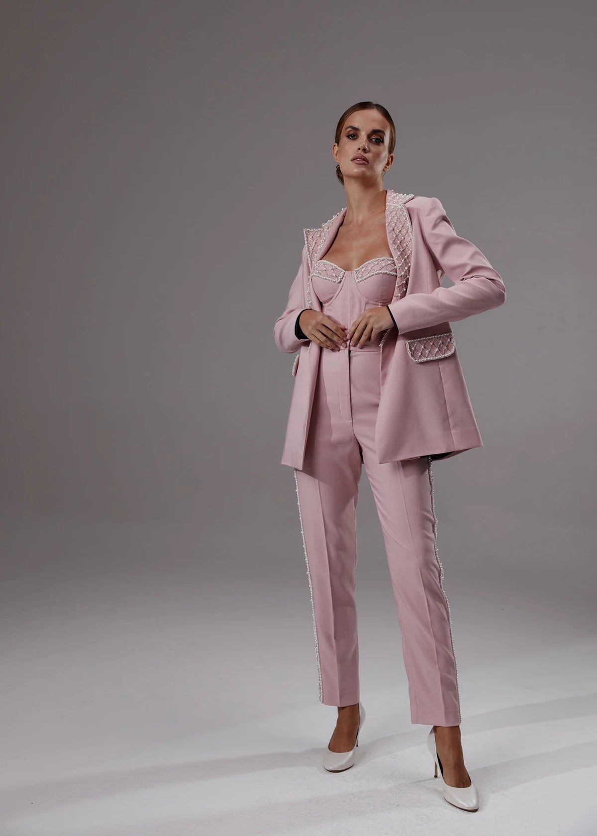 Elegant Pearl Beaded Blazer Set for Women - 3 Piece Custom Tailored Outfit for Party, Prom, and Wedding Events