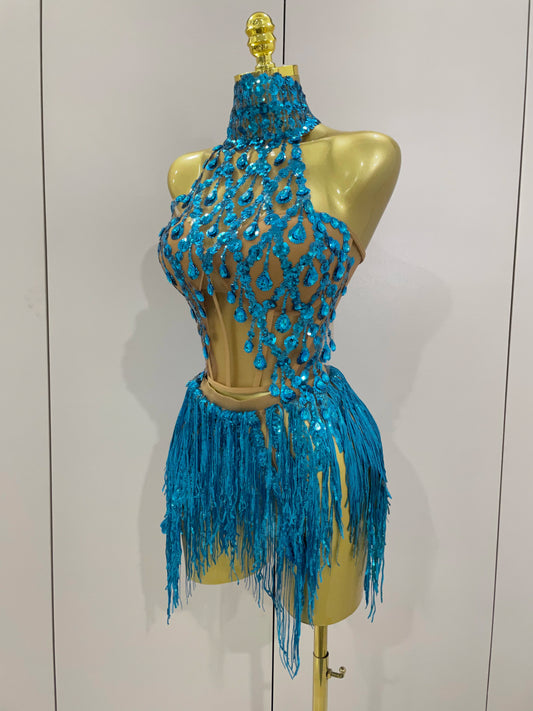 Sexy Shining Diamond Sequins Tassels 2 Pieces Set Mini Dress Women Evening Birthday Party Nightclub DJ Stage Costume