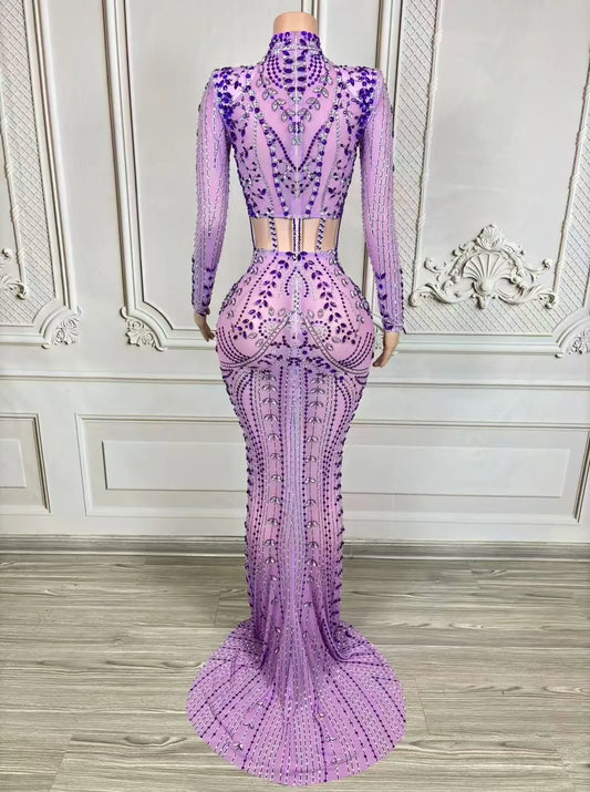 Sexy Luxurious Sparkle Rhinestone Purple Stretch Mesh Dress Ladies Bar Singer Stage Party Club Performance Photoshoot Dress
