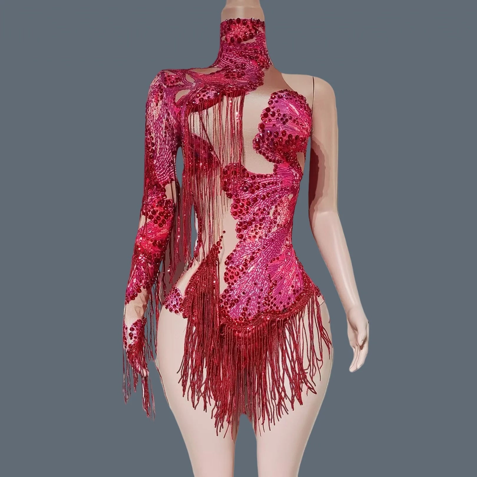 Women's Sexy Rhinestone Sequins Bodysuit Bodycon Tassel Leotard for Club Dance Stage Performance Prom Pole Dance Wear