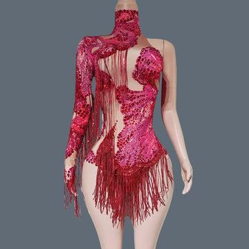 Women's Sexy Rhinestone Sequins Bodysuit Bodycon Tassel Leotard for Club Dance Stage Performance Prom Pole Dance Wear