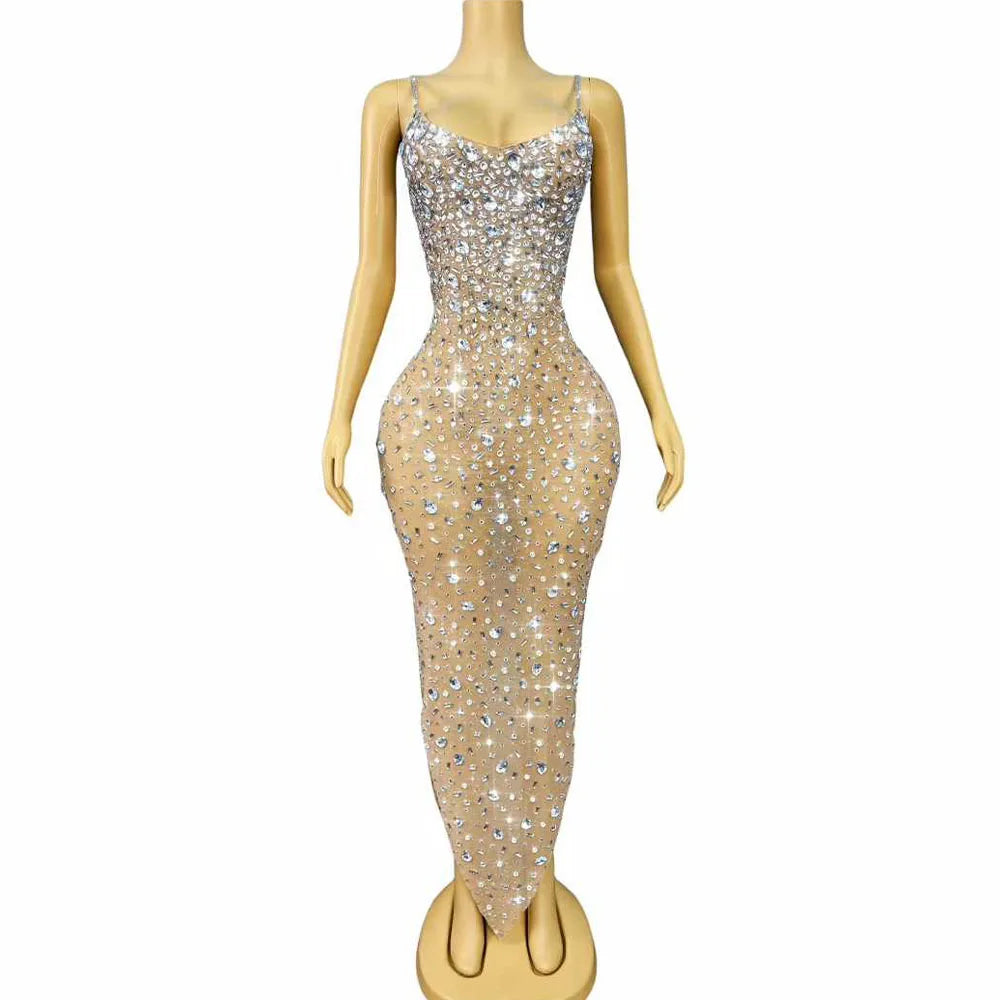 Luxury Flashing Rhinestones Sexy Nude Mesh Suspenders Dress Women Birthday Evening Cocktail Party Gown Red Carpet Stage Wear