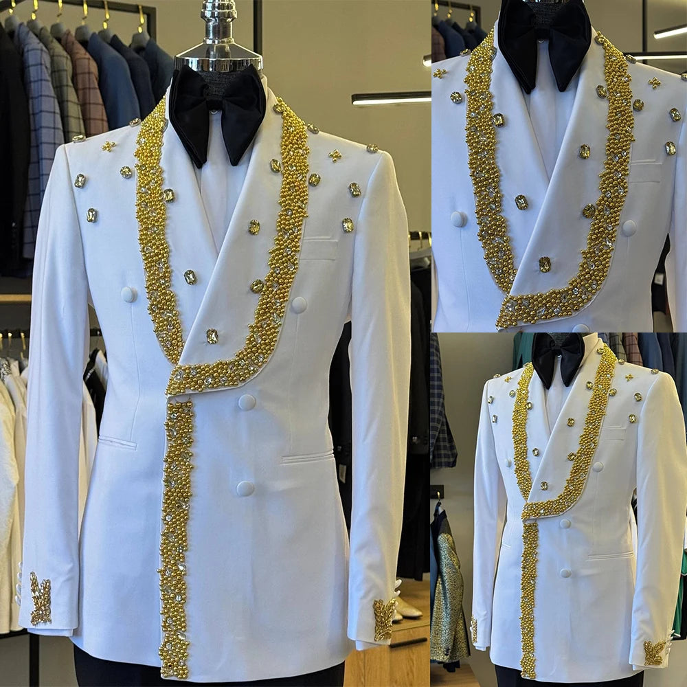 Fashion Men's Suits Beading Crystal Tailor-Made Jacket 2 Pieces Set Blazer Double Breasted Groom Customized Coat Black Pants