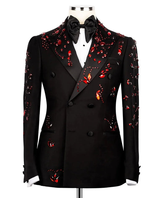 Luxury Man Suits Fit Slim Crystals Beaded Peaked Lapel 2 Pieces Set Party Prom Blazer Customized Double Breasted Jacket Pants