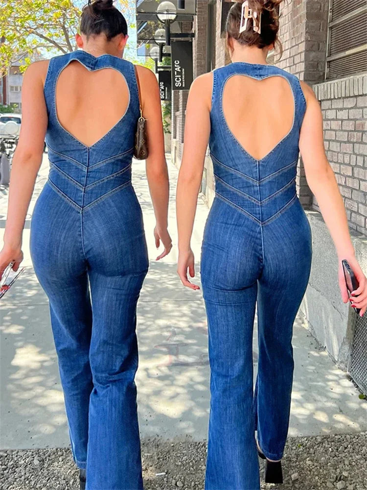 Backless Heart Cutout Bodycon Jumpsuit for Women Casual Sleeveless Slim One-Piece Outfits Retro Denim Jumpsuits New