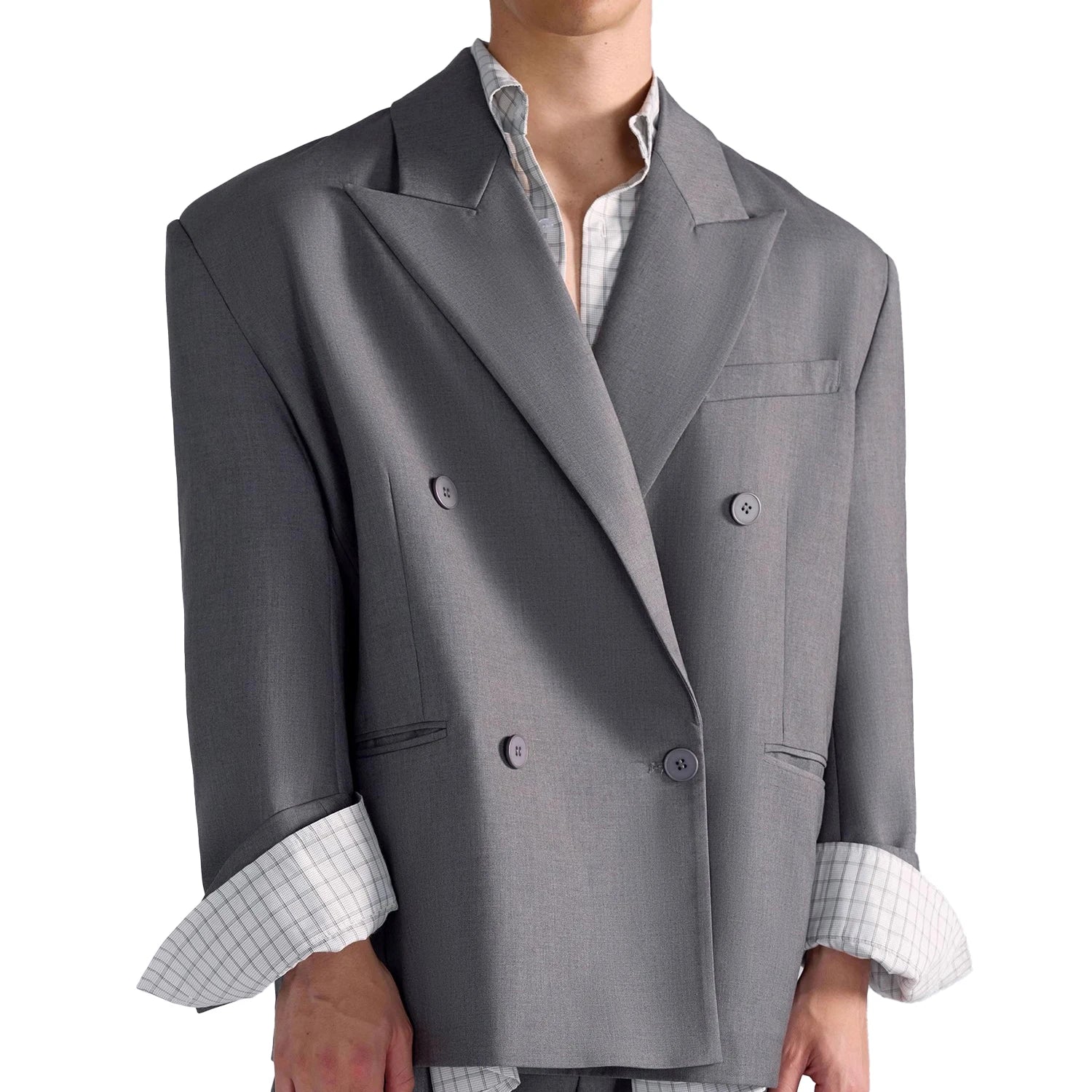 Oversized Grey Blazers for Men Peaked Lapel Shoulder Pads Double Breasted