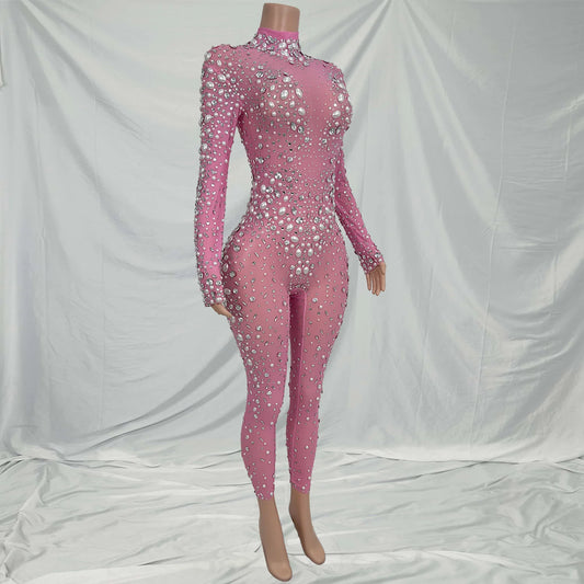 Women Stage Big Pearls Jumpsuit Rhinestones Stretchy Jumpsuit Evening Birthday Celebrate Outfit Sexy Dancer Bodysuit