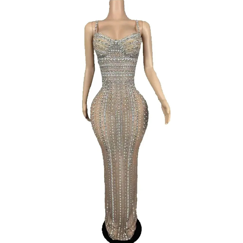 Luxurious Full Rhinestones Tight Fitting Slip Long Dress Women Sexy Evening Prom BirthdayCelebrate Photoshoot Stage Wear Dress