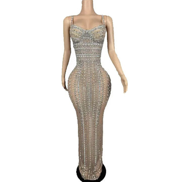 Luxurious Full Rhinestones Tight Fitting Slip Long Dress Women Sexy Evening Prom BirthdayCelebrate Photoshoot Stage Wear Dress