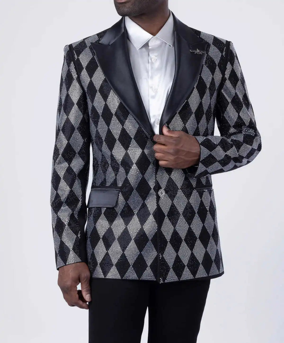 Shining Plaid Men Suit 2 Pieces Jacket Pants Peaked Lapel Crystal Beading Groom Wedding Tuxedos Customized