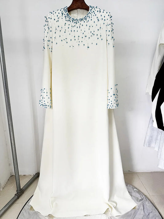 Newest Fashion Party Vestido Women's Beaded Loose Long Sleeved  Long Maxi Dress