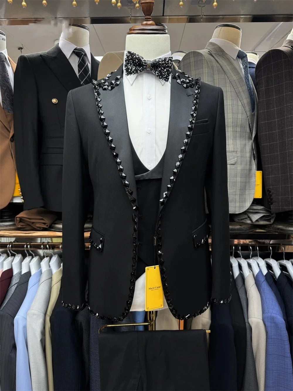 Elegant Crystal Men Suits Wedding Tailor-Made 2 Pieces Set Peaked Lapel Jacquard Jacket Blazer One-Button Customized Coat Pants