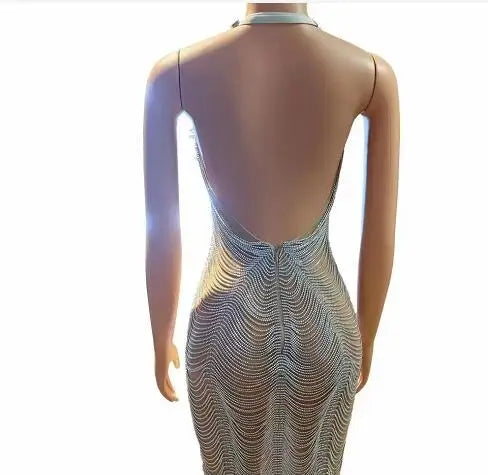 Sexy Stage Multi-color Rhinestone Chain Slit Mini Dress Women Evening Party Birthday Prom Outfit Singer Dance Stage Dress