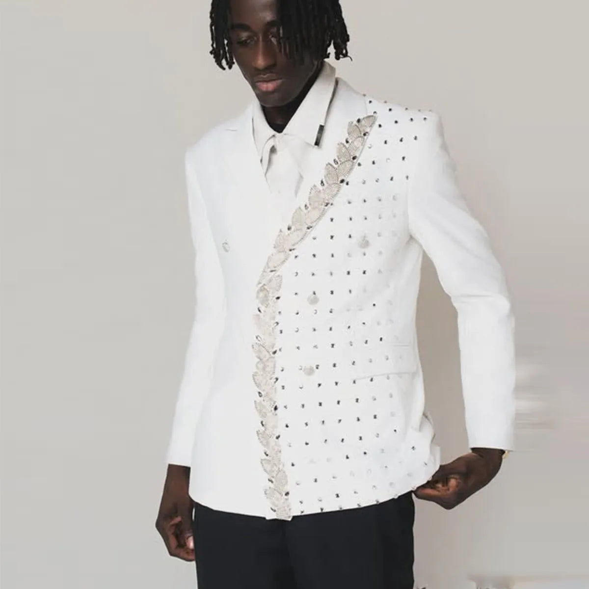 Handsome Luxury Beaded Diamond Men Suits 2 Pieces Wedding Groom Tuxedo Slim Fit Jacquard Male Prom Blazer Customized