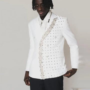 Handsome Luxury Beaded Diamond Men Suits 2 Pieces Wedding Groom Tuxedo Slim Fit Jacquard Male Prom Blazer Customized Homme
