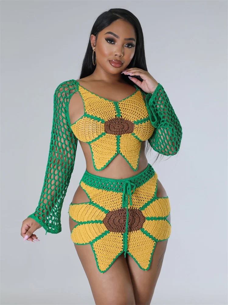Sexy Women Knitted Set V Neck Back Strings Top Skirt Crochet Two Pieces Set Long Sleeves Crocheted Beach Dress Cover Up