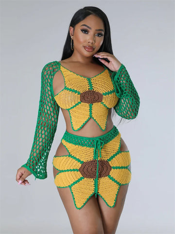 Sexy Women Knitted Set V Neck Back Strings Top Skirt Crochet Two Pieces Set Long Sleeves Crocheted Beach Dress Cover Up
