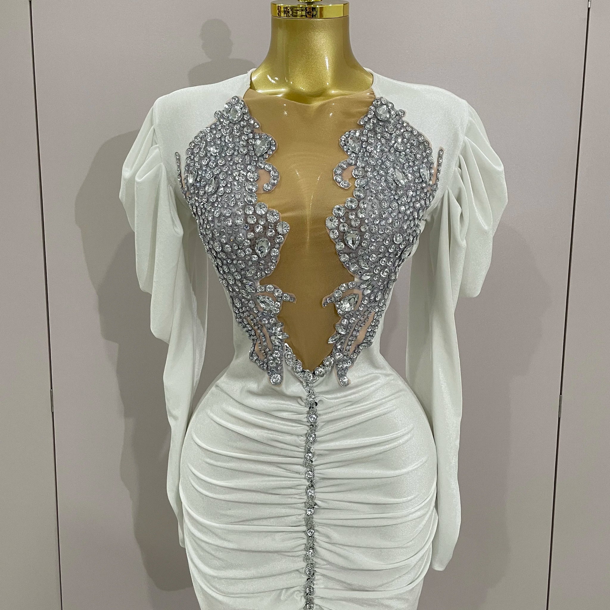 Luxury Sparkly Crystals Sexy Mesh White Velvet Short Dress Women Elegant Evening Prom Birthday Party Dresses Stage Costume