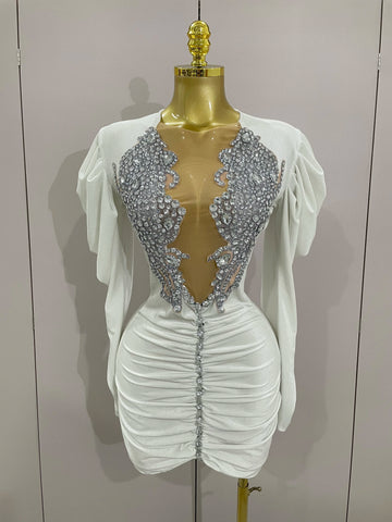 Luxury Sparkly Crystals Sexy Mesh White Velvet Short Dress Women Elegant Evening Prom Birthday Party Dresses Stage Costume
