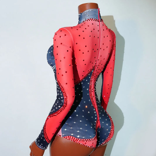 Body rouge sexy à strass scintillants, extensible, pour soirée, chanteuse, danse, pôle, discothèque, drag queen, tenue de soirée, discothèque, scène