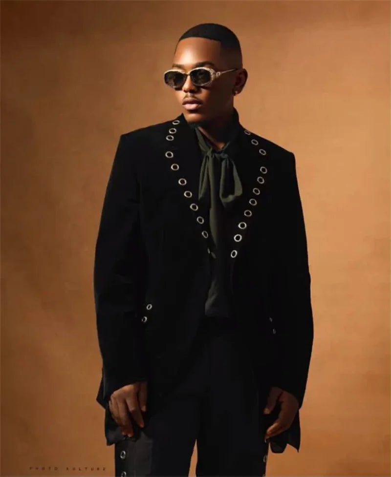 Black Ring Men Suit Set 2 Piece Velvet Blazer+Cotton Pant Trousers Customized Formal Office Jacket Wedding Tuxedos Male Coat