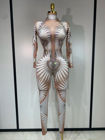 Women Sexy High Stretch Jumpsuit Long Sleeeve Holiday Party Cosplay Costume Nightclub Dancer Outfit Sparkly Diamond Stage Wear