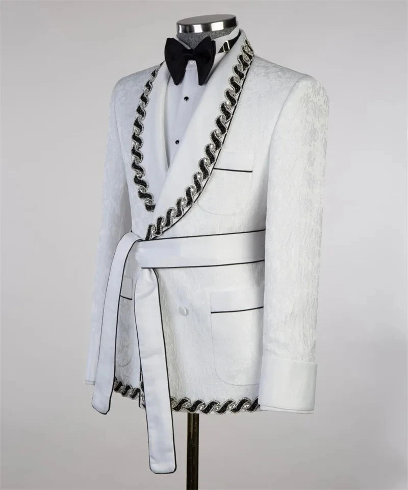 Modern Men Suits Jacquard Tailor-Made 2 Pieces Set Shawl Lapel Jacket Beading Blazer Double Breasted Groom Customized Coat Pants