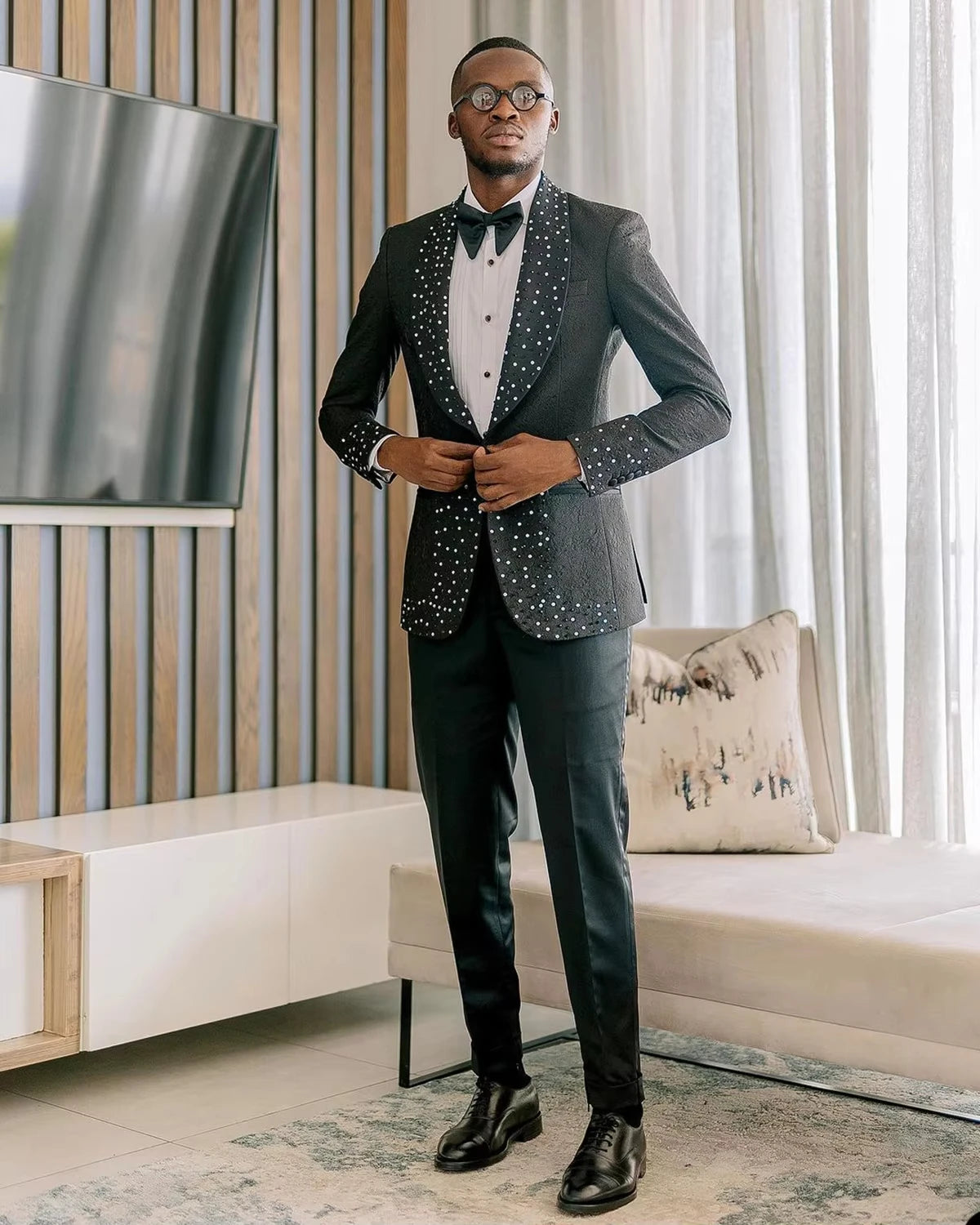 Customized Men Suits Groom Wear Shine Business Tailor-Made Slim Fit Party Tuxedo 2 Pieces Crystal Wedding Formal Occasions