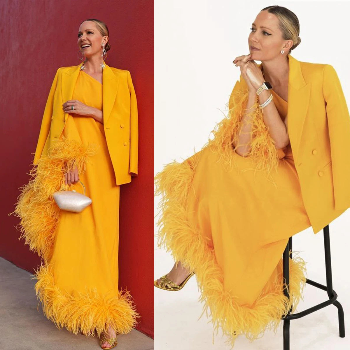 Nuevo diseño de trajes de mujer, 2 piezas, vestido de noche con plumas de un solo hombro y blazer, vestido de invitada de boda personalizado, traje de cóctel