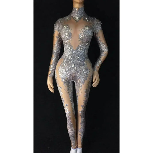 Mono brillante con diamantes de imitación, moda sexy color piel, gran elasticidad, traje de baile, mono de una pieza, atuendo de cumpleaños, leggings de fiesta 