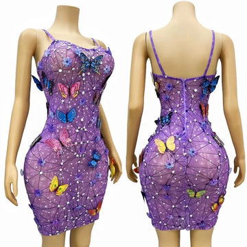 Purple Butterfly Rhinestones Dress Women Singer Jazz Dance Costume Stage Celebrate Party Outfits Festival Dresses