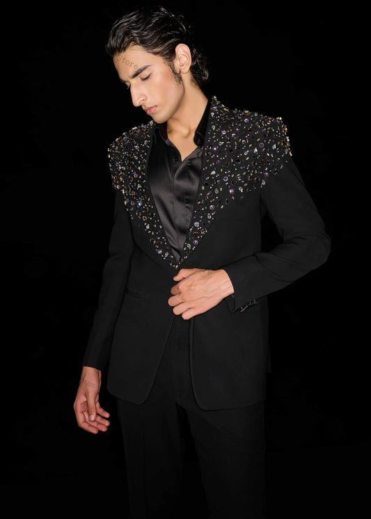 Luxury Stone Crystals Men Suit Set 2 Piece Blazer+Pant Trousers Customized Formal Office Jacket Black Wedding Tuxedos Prom Coat