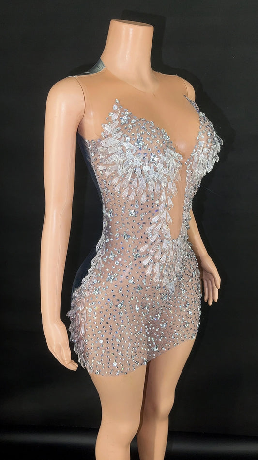 Robe d'anniversaire courte à strass scintillants pour femme, tenue sexy en maille transparente pour chanteur de club, tenue de scène