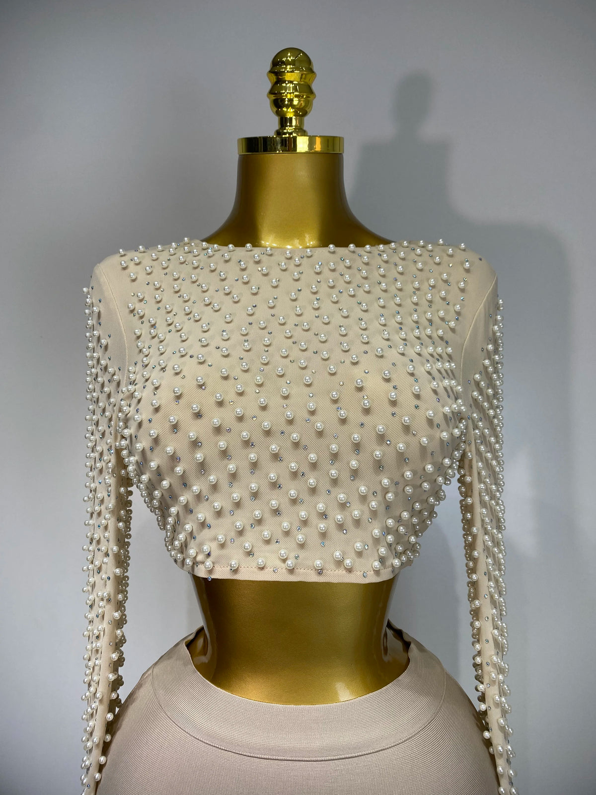 Women Sexy Long Sleeve Mesh Pearl Top Celebrity Midi Women Bandage Set Designer Evening Party Luxury Birthday Two Piece Set